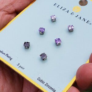 3 Pair Cubic Zirconia earrings - NWT - Pink, Lilac and Black Set